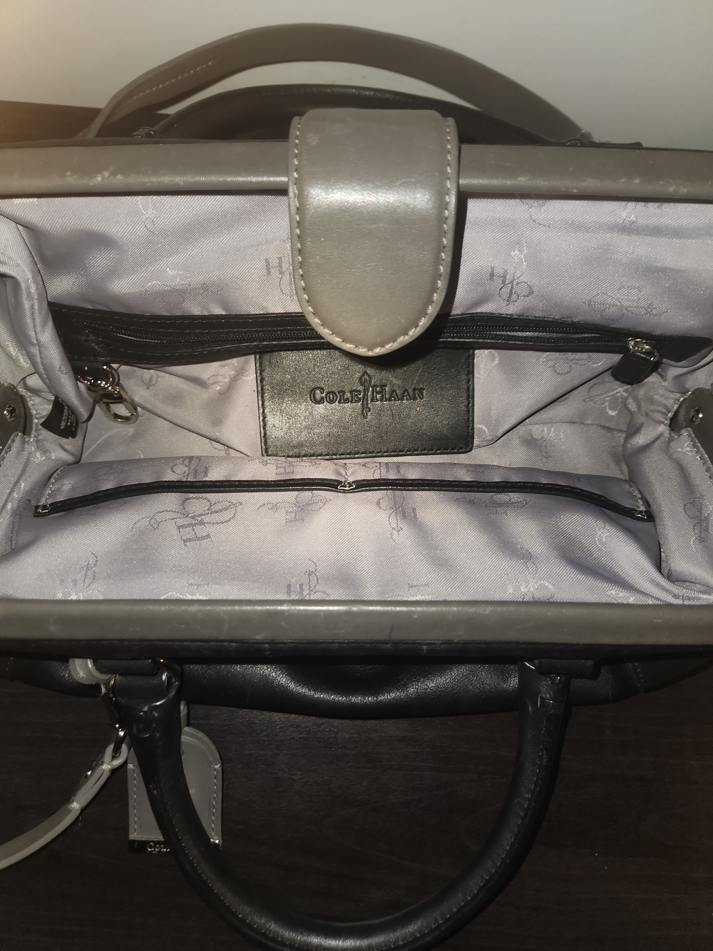 Cole Haan Gray Leather Satchel with Structured Frame and Top Handles